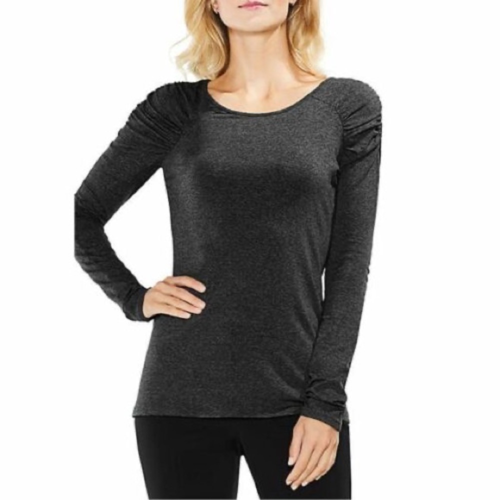 Vince Camuto Long Sleeve Ruched Shoulder Top in Gray, Size PXS